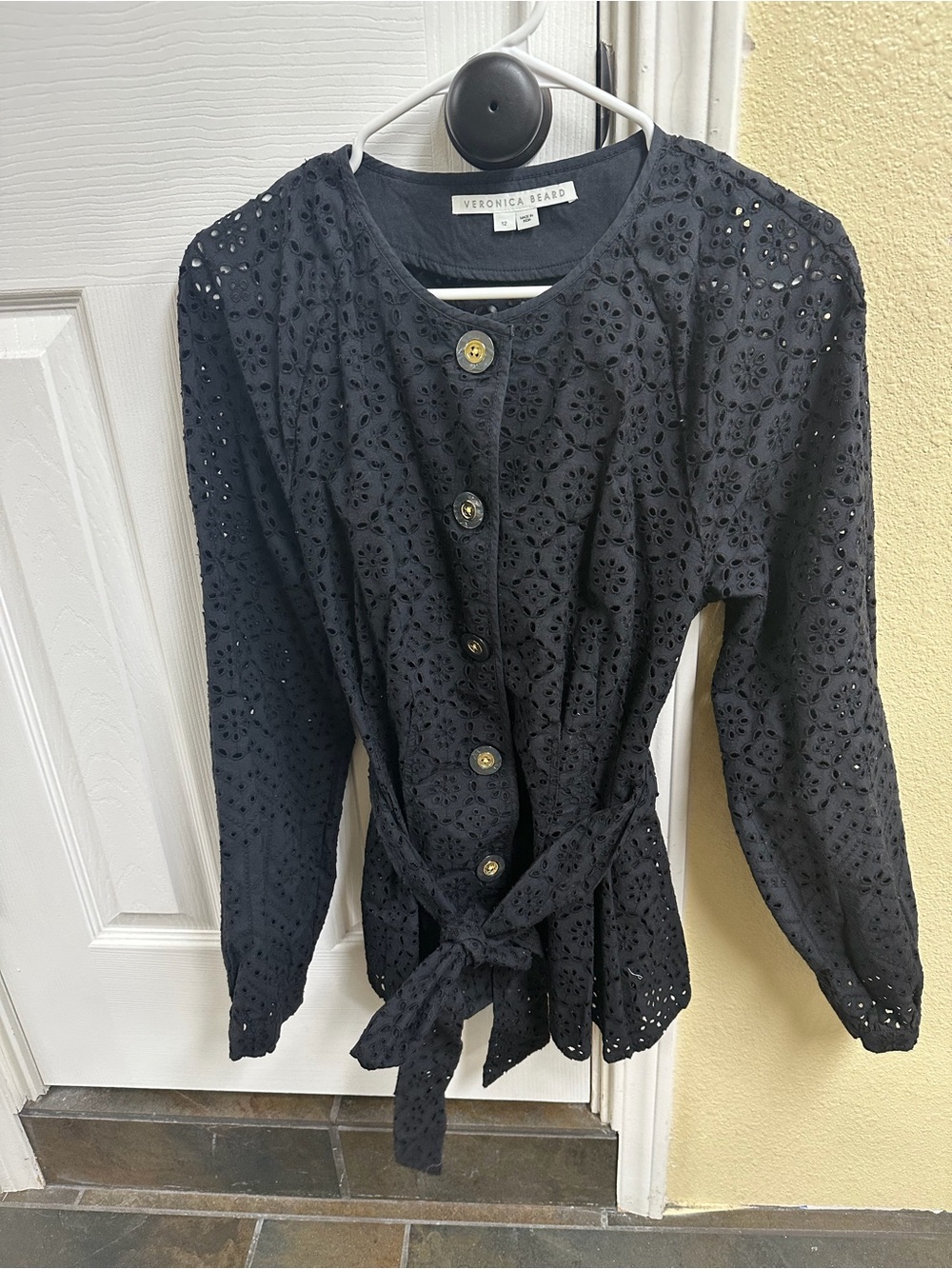 Veronica Beard Black Eyelet Button-Down Tie-Waist Shirt Jacket